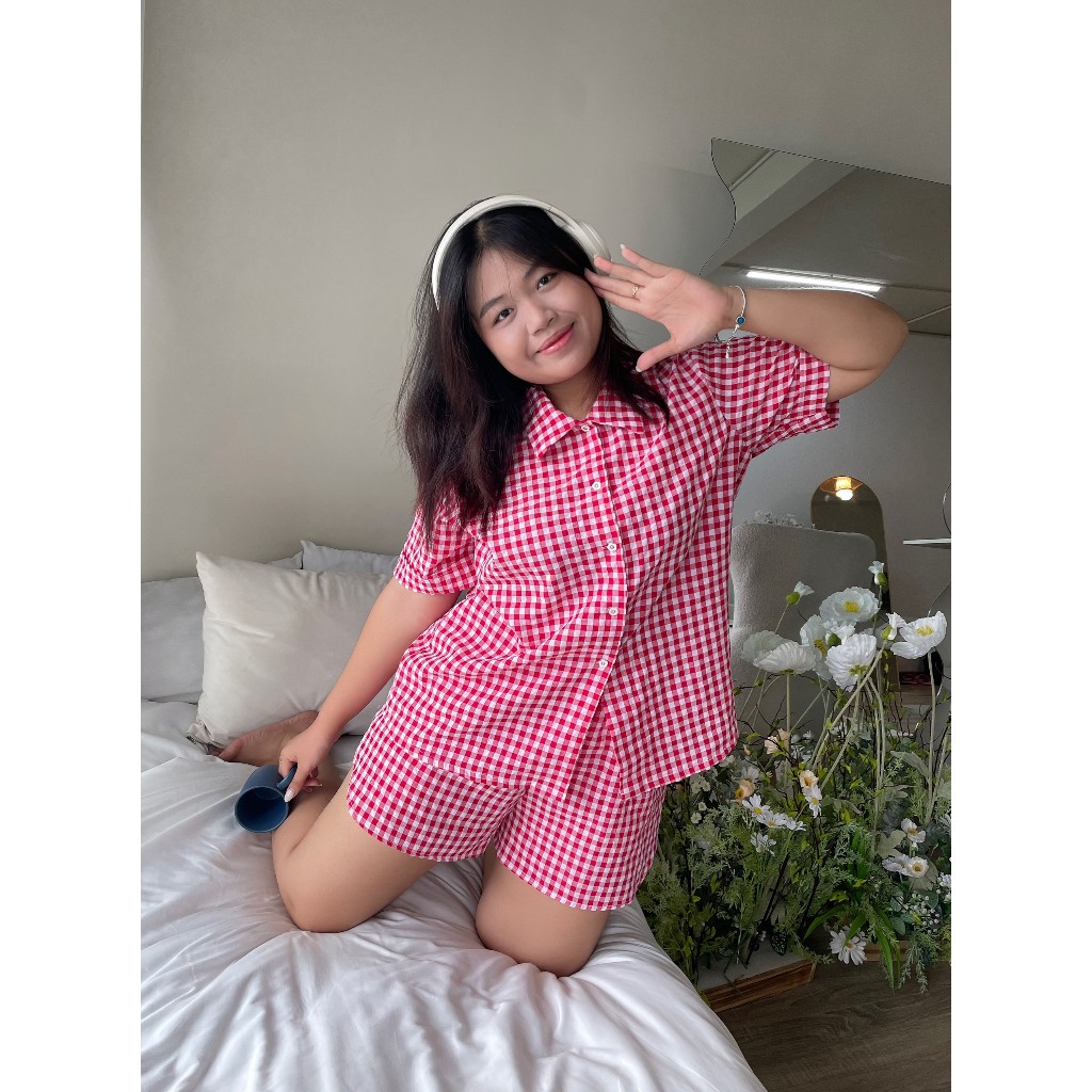  Miabigsize - Bộ đồ ngủ nữ mặc nhà mùa hè họa tiết Kẻ Caro nhiều màu nút hoa bigsize 90kg 