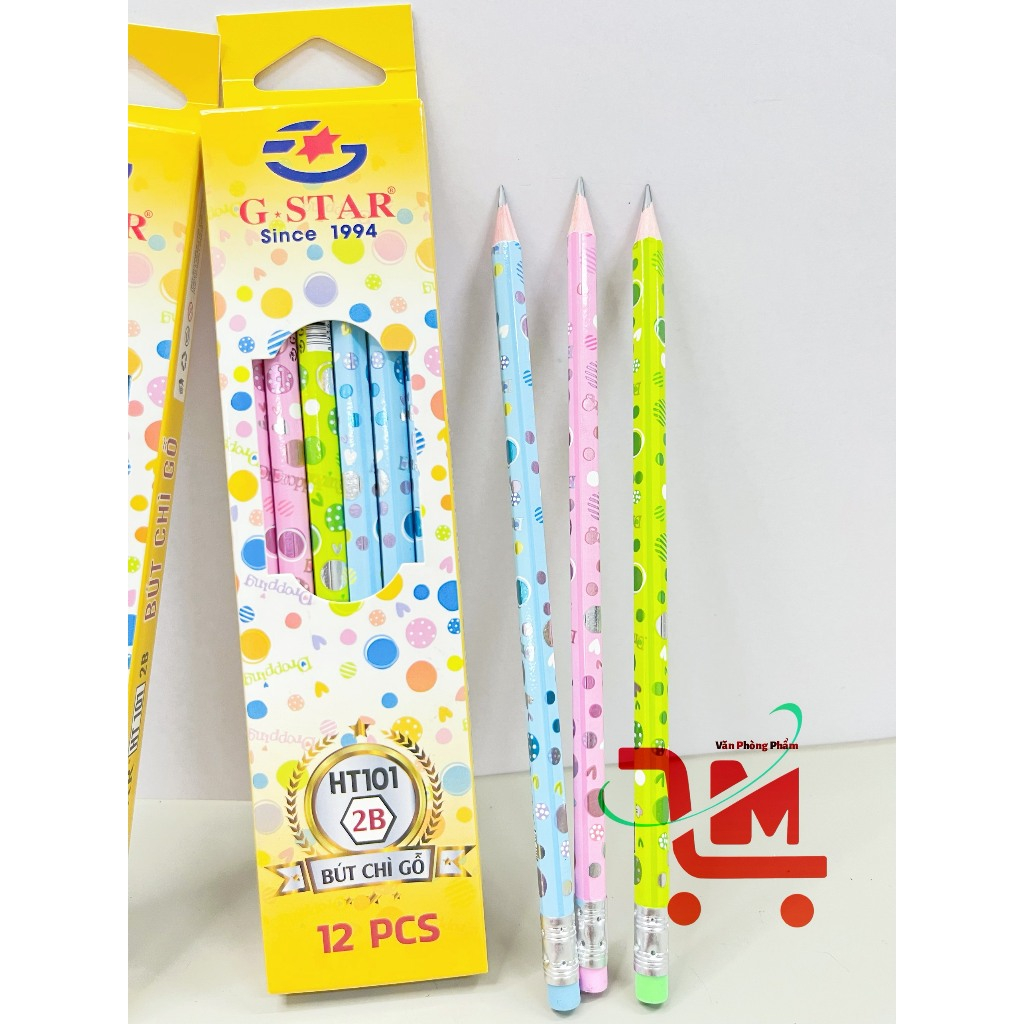 Hộp 12 Cây Bút Chì Đen HT101 2B GSTAR / Bút Chì Chuốt Gỗ Đen Có Gôm GSTAR,  Họa Tiết Dễ Thương