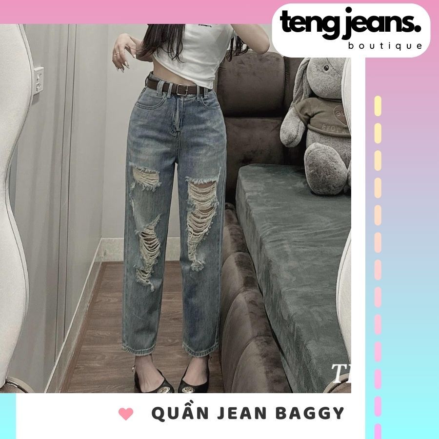 Quần jean nữ dáng baggy rách hot trend S015, Quần jean nữ dài 9 tấc rách cá tính phong cách