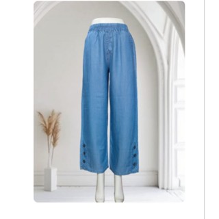 Quần dài nữ dài ống rộng lai may nút kiểu, vải jean giấy lụa mềm mịn mát co dãn nhẹ