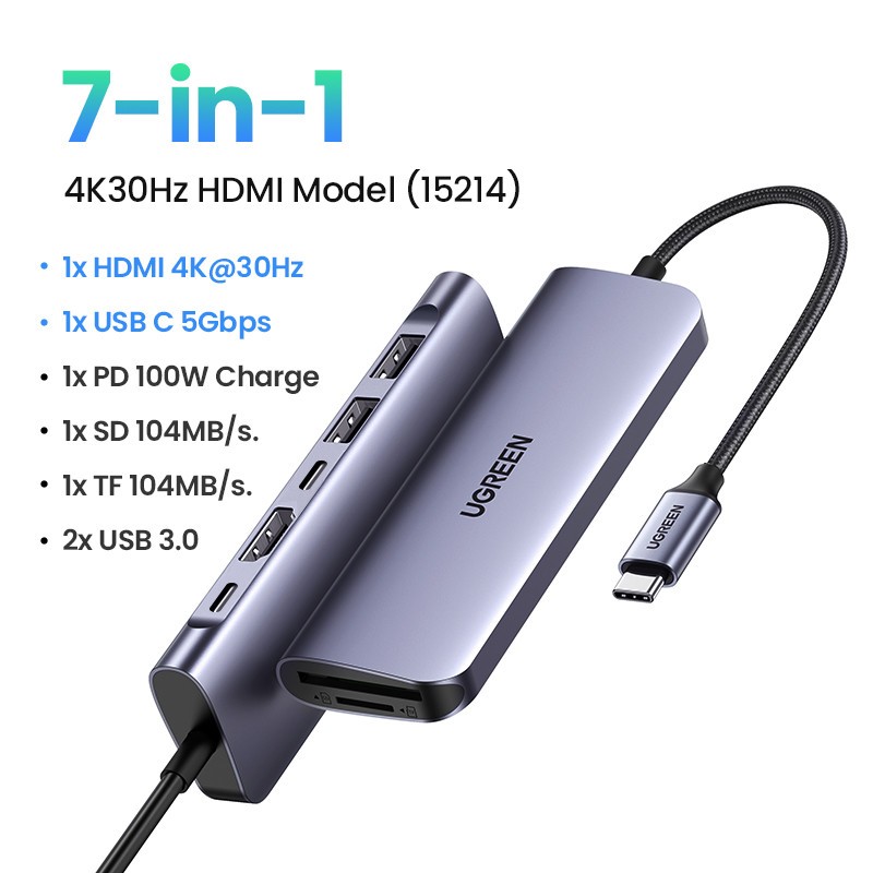 Hub Type-C Ugreen 7in1 Usb-C to HDMI 4k@30Hz SD/TF  2xUSB 3.0 USB-C SD/TF PD 100W Ugreen 15214