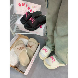 Dép Nơ Owenchic Đen Hồng Bling quai ngang dễ thương đế cao _ hỗ trợ đổi size ANYA STORE