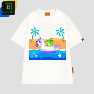 Áo thun tay lỡ unisex phao bơi in hình phao bơi Kỳ Lân đeo kính mát trên bãi biển với các con cá đàn chim cây dừa BND956
