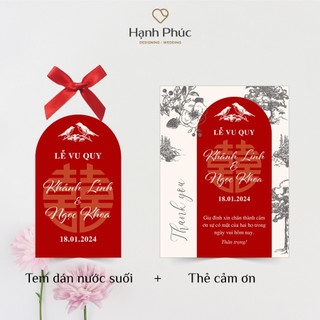 Thẻ cảm ơn + Tem dán nước suối + Nơ lụa