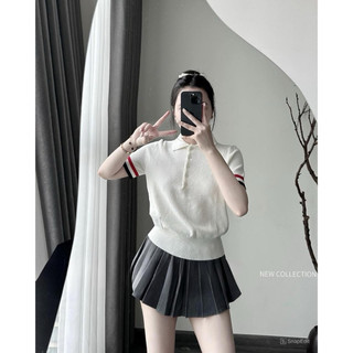  Áo len polo cộc tay nữ hoạ tiết trơn phối sọc dáng lỡ Qcc Q04