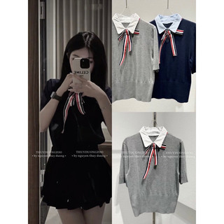  Áo len polo nữ cộc tag đính nơ hoạ tiết trơn dáng croptop Qccc Q03