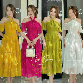 Đầm trễ vai tay bèo cột nơ mooking phía sau ( có mút ) 4 mau dành cho các nàng đi chơi dự tiệc