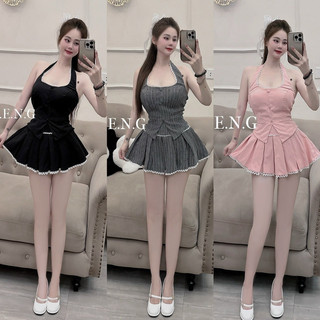 Sét áo cổ yếm viêng ren khuy bọc phối chân váy xoè xếp ly viền ren cực xinh tiểu thư