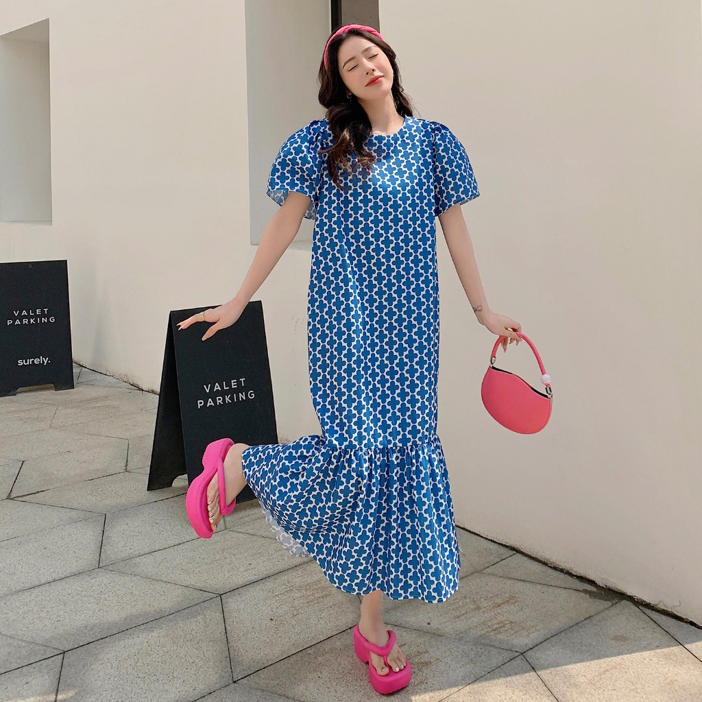 Đầm bầu rộng Đầm maxi dài Váy suông dáng dài họa tiết hoa xanh thời trang