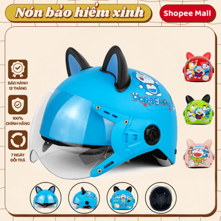 Mũ Bảo Hiểm Nửa Đầu Trẻ Em Kính Càng Varohelmet Doremon Cho Bé Từ 5-10 Tuổi Lót Ép Nhiệt Kèm Tai Mèo