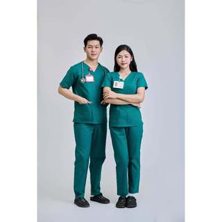 Bộ scrubs FMF nam/nữ cổ tim phòng mổ, đồng phục spa, phòng khám vải thoáng mát thấm hút mồ hôi