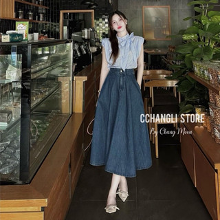 CHÂN VÁY JEANS NỮ THỜI TRANG DÁNG XOÈ LƯNG CHUN