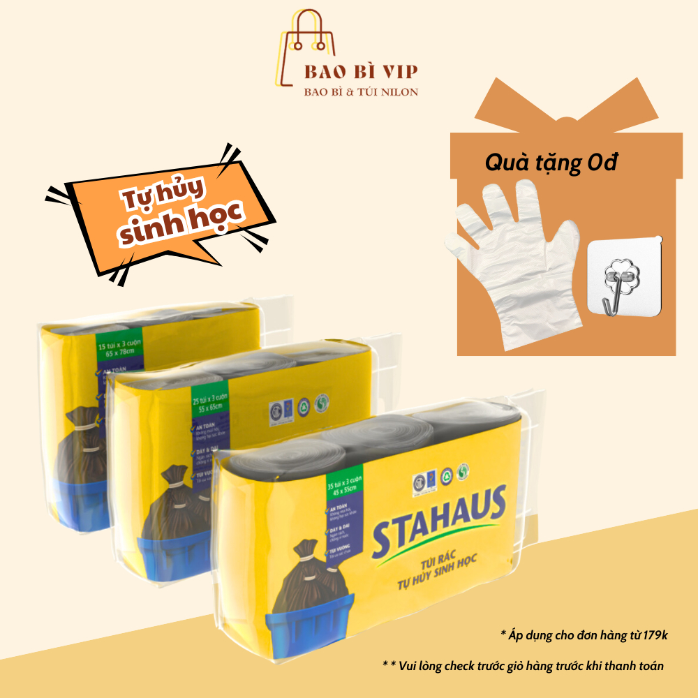 Túi rác thân thiện môi trường đen Stahaus 3 Cuộn( 1kg) 45x55, 55x65, 65x78cm, thân thiện với môi trường