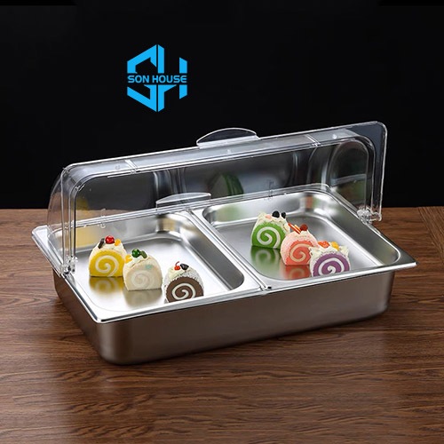 Khay inox giữ lạnh 2 ngăn đựng đồ ăn hải sản tươi sống, trái cây bánh ngọt tiệc buffet có nắp đậy