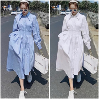 Đầm sơ mi chun eo tay dài 2 màu xuongvnxk (kèm hình thật)