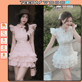 Đầm xốp hoa nhí xếp tầng cúc bọc, váy tơ dáng xoè ngắn mini phong cách tiểu thư xinh xắn V080 ZENY STUDIOUS