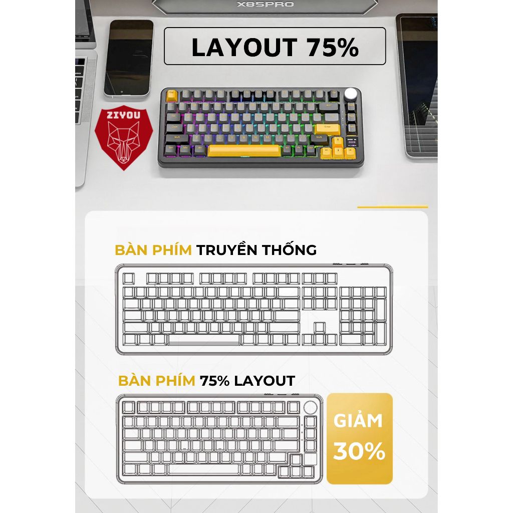 Bàn Phím Cơ Không Dây Bluetooth Ziyou Attack Shark X85PRO LED RGB Có Màn Hình | BigBuy360 - bigbuy360.vn
