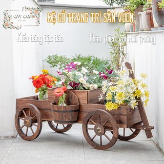 Kệ gỗ để chậu hoa cây cảnh vintage ngoài trời bằng gỗ thông kiểu dáng đẹp mắt, kệ trưng bày hoa cây cảnh