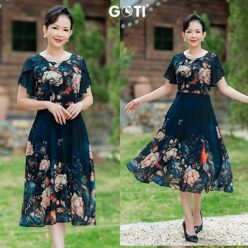 GOTI Đầm Trung Niên Nữ Cho Mẹ Màu Xanh Mẫu Đơn 3405