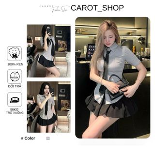 VN36 [ CÓ BIGSIZE ]Set áo sơ mi ôm chiết eo phối chân váy xếp ly kèm cavat by CarrotStore
