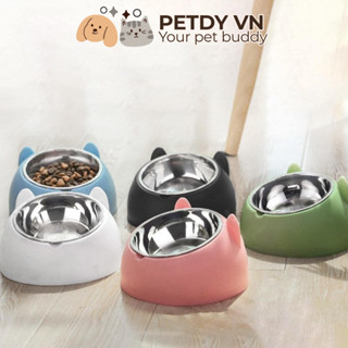 Bát ăn, chén ăn chống gù bằng inox cho thú cưng chó mèo họa tiết hình tai mèo