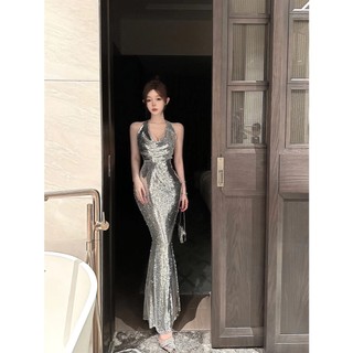 (HÀNG ORDER kèm HÌNH THẬT) Đầm dài sequin bạc ôm body cổ đổ hở lưng nổi bật