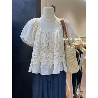 Áo boi thô hoa nổi cổ U tay bồng hot mới hàng QC freesize