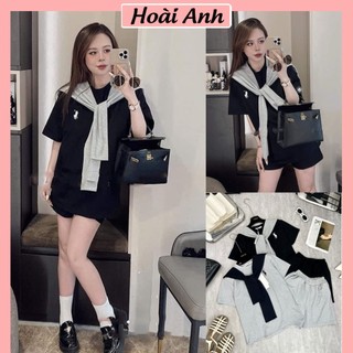 Set Bộ Đồ Nữ Thêu Ngựa TRƠN Áo Phông Ngắn Tay Phối Khăm Thủy Thủ Mix Quần Sooc Đùi Freesize