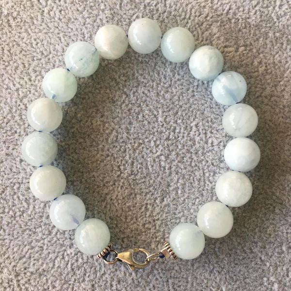 Vòng tay viên 10mm đá Aquamarine chuẩn 4A mix Bạc 925 (925 Silver Bracelet In Natural Aquamarine)