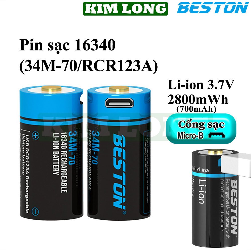 Pin sạc 16340,pin Li-ion Beston 34M-70(RCR123A),2800mWh/700mAh, pin 3.7V