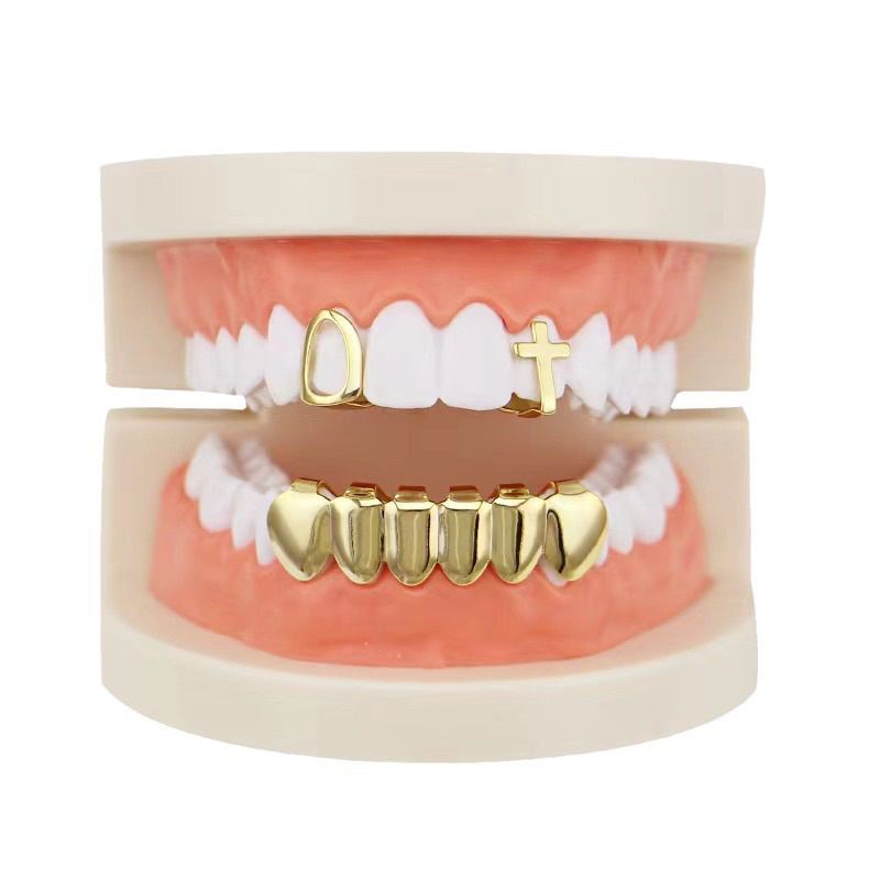 Grillz trang sức răng viền răng chữ thập vàng bạc hiphop