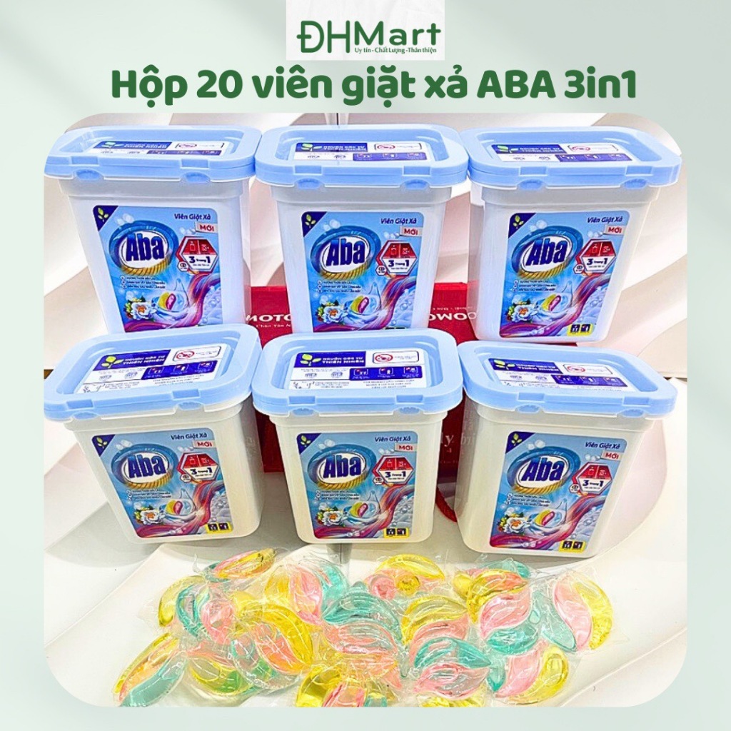 Hộp 20 viên giặt xả ABA 3 trong 1 - Viên giặt xả lưu hương, bền màu, đánh bay vết bẩn 380g