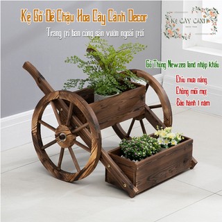 Kệ để chậu hoa cây cảnh ngoài trời 2 tầng, kệ gỗ trồng cây 2 tầng kiểu dáng xe đẩy,chậu trồng cây ngoài trời