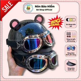 [TẶNG TÊN TYC] Nón Bảo Hiểm Nửa Đầu Kính Phi Công Kèm Tai Gấu 2 Màu Dễ Thương Và Tai Gấu Gắn Mũ Bảo Hiểm 1/2 Đầu Bơ Shop