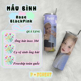 Ly Giữ Nhiệt In Hình Rose BlackPink, Bình Giữ Nhiệt, Cốc Giữ Nhiệt In Hình Rose BlackPink 600ml, Có Tặng Kèm Ống Hút