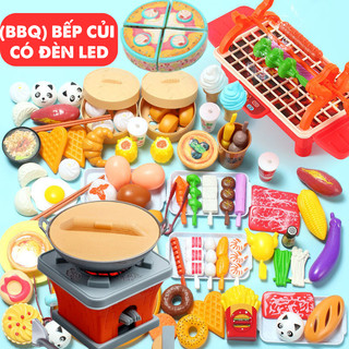 Đồ chơi nấu ăn cho bé mô phỏng bếp nướng BBQ và bánh bao, pizza có hộp màu. Bếp củi có đèn led Quà tặng sinh nhật cho bé