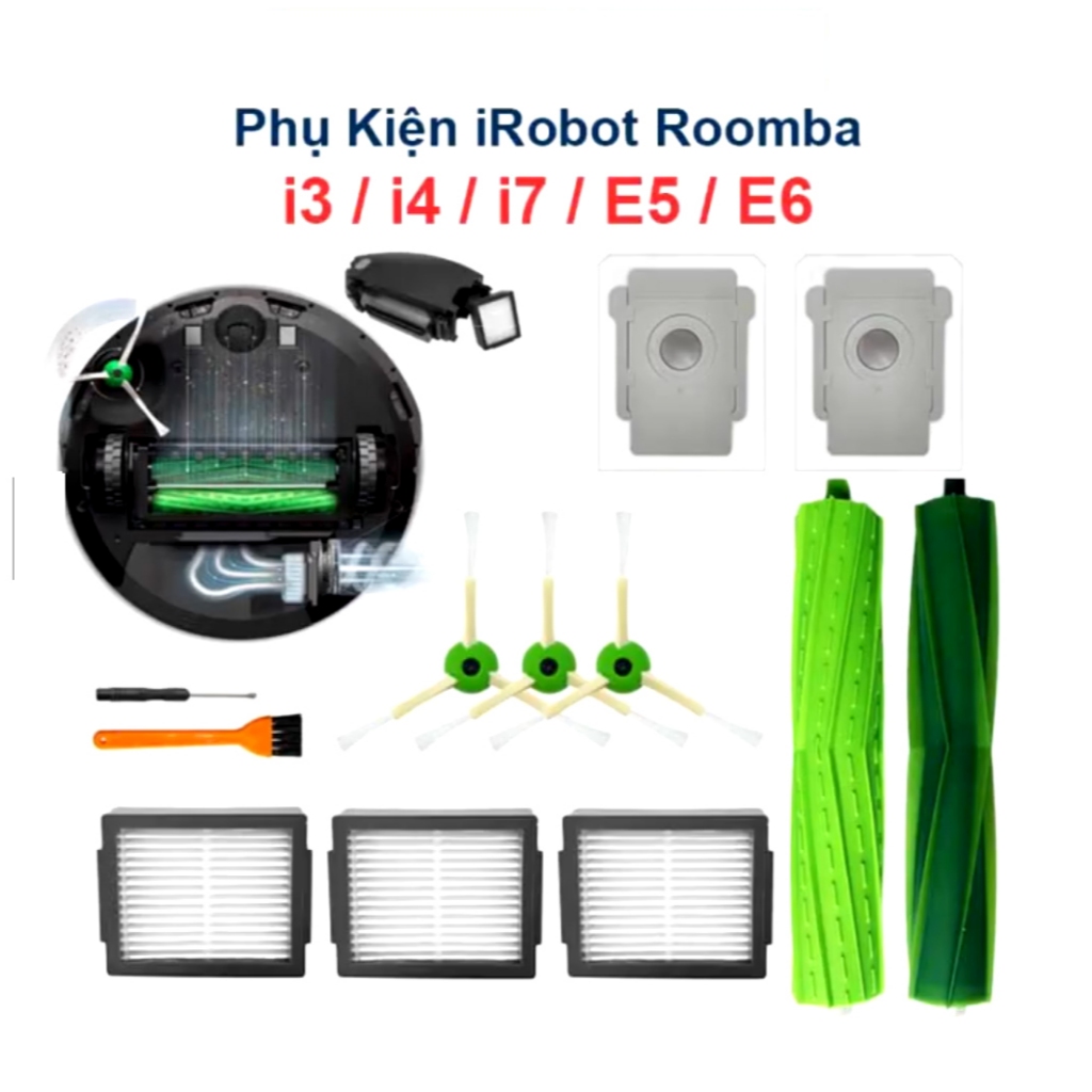 Chổi quét bụi irobot Roomba - chổi cạnh, túi rác, hepa, chổi cao su lăn, rulo