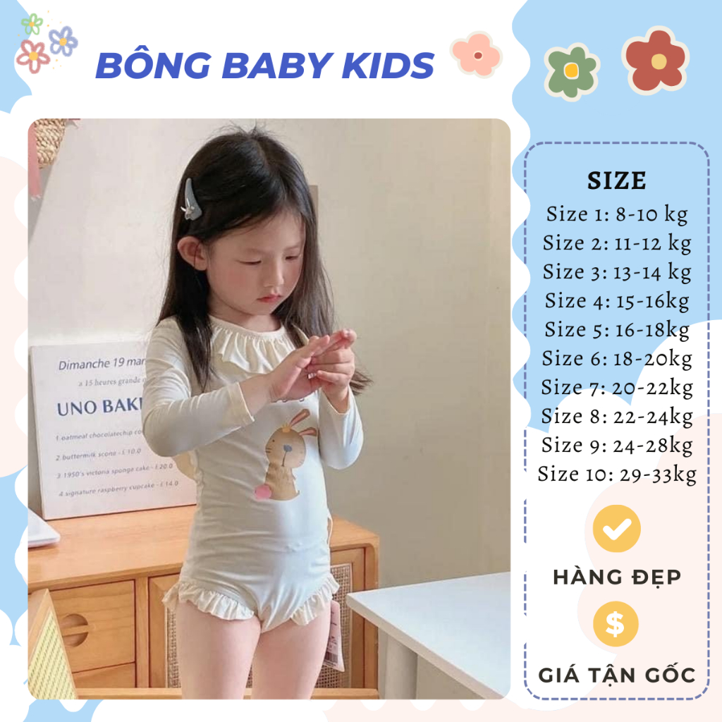 Đồ Bơi Thỏ bé gái Bộ Bikini dài tay cho bé gái hình thỏ đáng yêu chất cotton co dãn 8-35kg