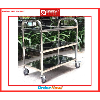 Xe đẩy inox 3 tầng size trung, xe đẩy thức ăn inox 3 tầng, xe đẩy phục vụ nhà hàng