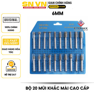 Bộ 20 mũi khắc mài trục 6mm phủ kim cương với nhiều kích thước và loại đầu khác nhau.
