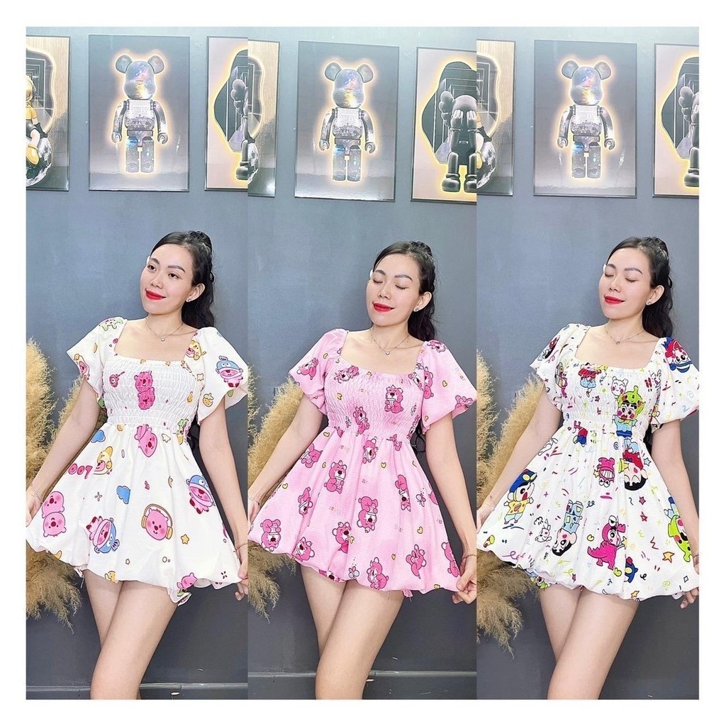 Set ÁO BÍ TAY PHỒNG kèm quần chất ĐŨI XỐP nhiều hoạ tiết dễ thương (Loopy, Shin, Gấu Dâu, Vịt, Melody..)