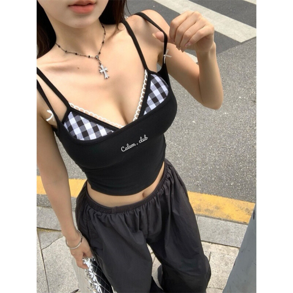 Set Áo nữ 2 dây Trắng kèm CORSET Bra caro đỏ sexy dễ thương La_belle_18 | BigBuy360 - bigbuy360.vn