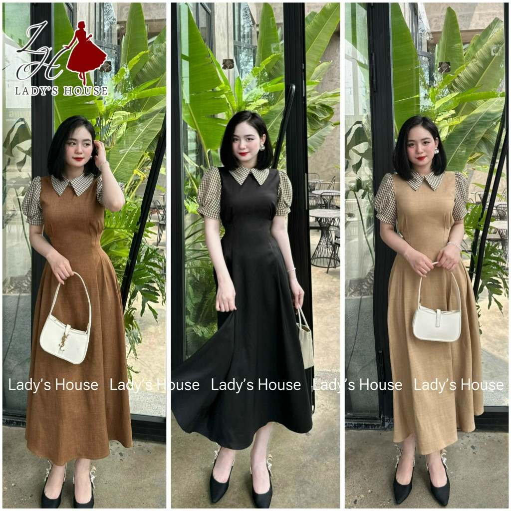 Váy thiết kế phối kẻ cổ đức dáng dài