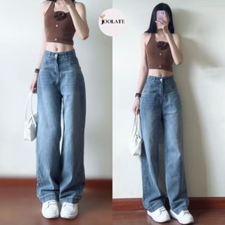 Quần jeans Joolate trơn ống suông rộng vừa màu xanh mài nhẹ dáng basic