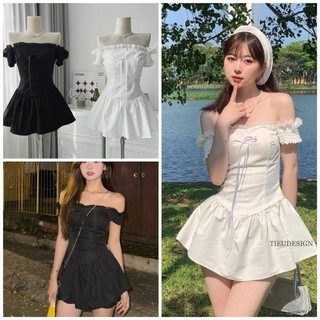 Váy Nữ Trễ Vai Nhún Ngực Dáng Ngắn 2 Màu Siêu Xinh v05