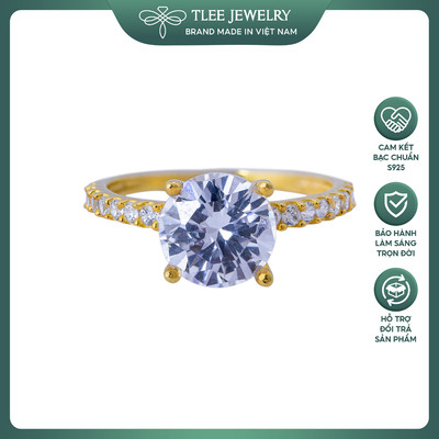 Nhẫn bạc nữ TLEE trụ đá bốn chấu mạ vàng 14k ổ đá 8li sang trọng TLEE JEWELRY A0150