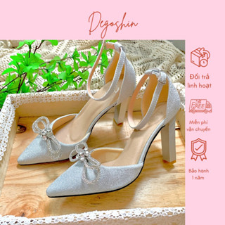  Giày cưới giày cao gót 10cm màu Kim tuyến Bạc Bling đính nơ đá lấp lánh Degoshin. 