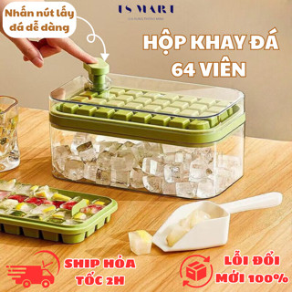 Hộp Khay Làm Đá Thông Minh Nhấn Nút Lấy Đá Dễ Dàng, Khay đá 64 Viên 2 Tầng Tiện Lợi Thông Minh - Tặng Kèm Xẻng Xúc Đá