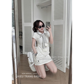 Set bộ áo cổ bẻ nhún eo kèm khăn mix chân váy Min
