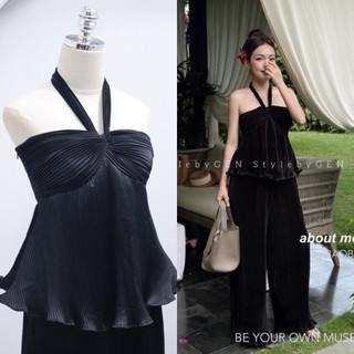 BIGSIZE HIẾU HIẾU (55-95KG) - Set bộ nữ dập li thiết kế Áo cúp cổ dây yếm + Quần suông dài tôn dáng